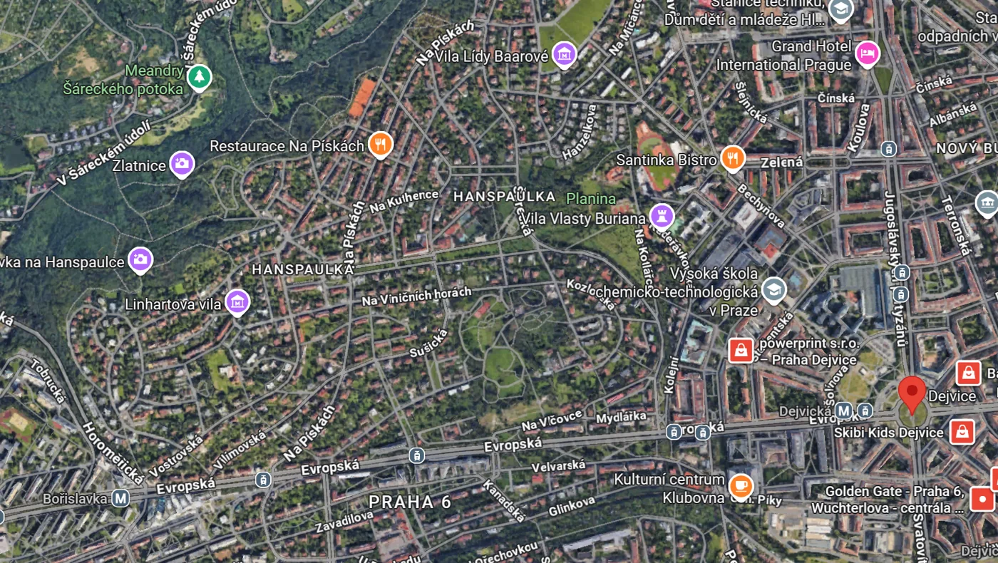 Orientační mapa oblasti Evropské v Praze–Dejvicích z původní prezentace